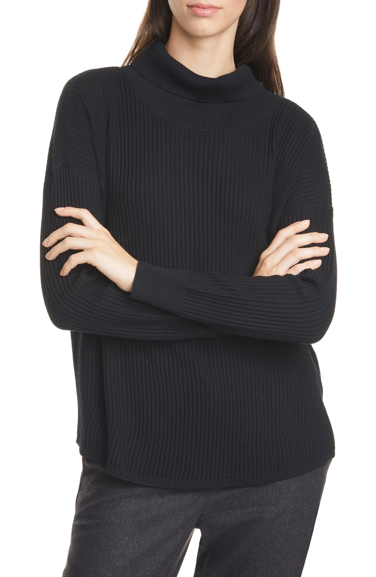 Eileen Fisher Suéter Feminino de Lã Merino com Gola Redonda Preto Tamanho Grande