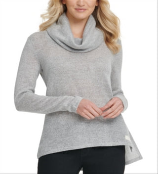 Suéter feminino DKNY com decote canoa alto e baixo, cinza, tamanho extragrande