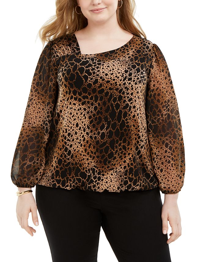Blusa feminina Alfani Plus Size com estampa animal e gola assimétrica, marrom, tamanho 3X