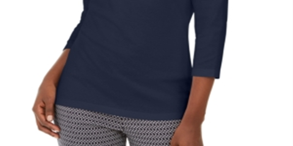 Karen Scott Top de algodão com acabamento em ilhós feminino, azul, tamanho X-G