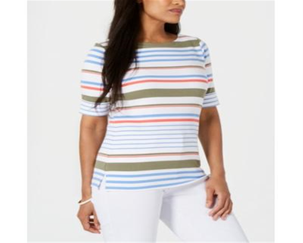 Camiseta feminina listrada Lulu Karen Scott, branca, tamanho pequeno médio