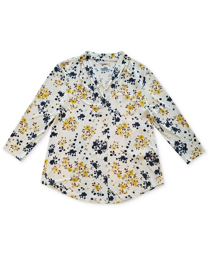 Blusa feminina floral com manga 3/4, branca, tamanho médio