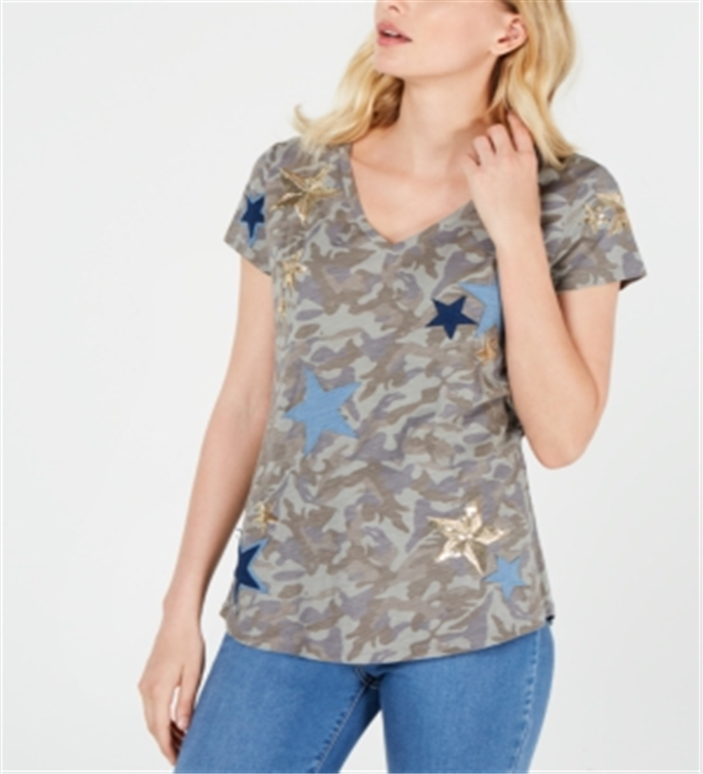 Camiseta feminina camuflada de manga curta com decote em V, verde, tamanho XS