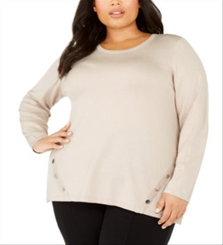 Suéter feminino Alfani Plus com gola redonda e bainha com botões, marrom, tamanho 2X