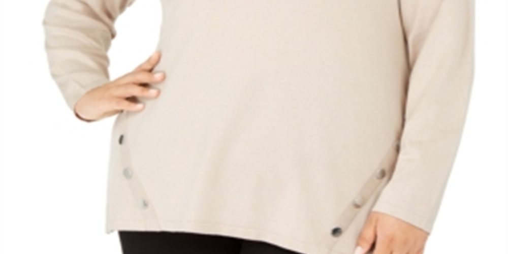 Suéter feminino Alfani Plus com gola redonda e bainha com botões, marrom, tamanho 2X