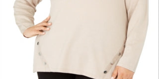 Suéter feminino Alfani Plus com gola redonda e bainha com botões, marrom, tamanho 2X