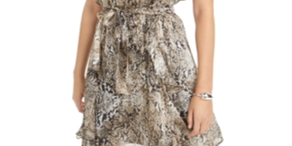 Vestido curto feminino Bar III com babados e estampa de cobra marrom, tamanho médio