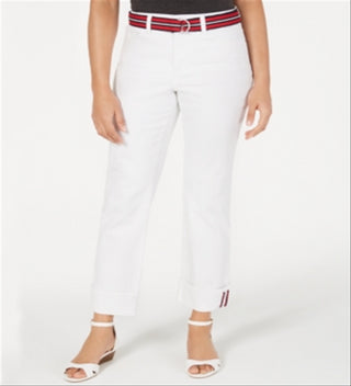 Charter Club Women's Belted Tummy Control Cuffed Jeans White Size 10