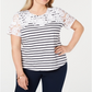 Camiseta feminina listrada bordada plus size Charter Club, branca, tamanho 2X