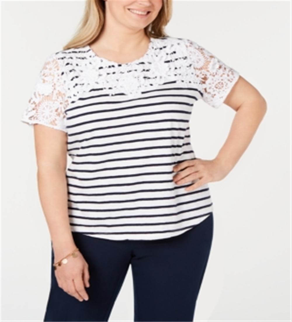 Camiseta feminina listrada bordada plus size Charter Club, branca, tamanho 2X