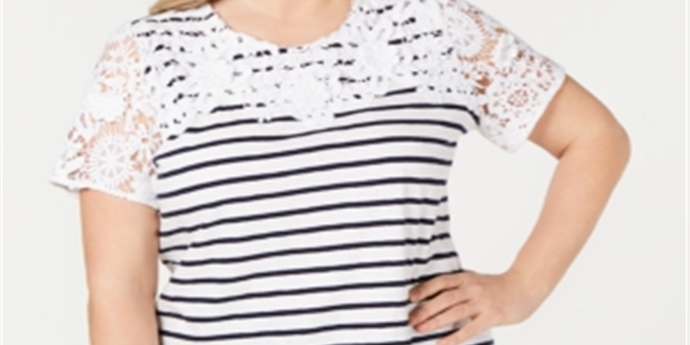 Camiseta feminina listrada bordada plus size Charter Club, branca, tamanho 2X