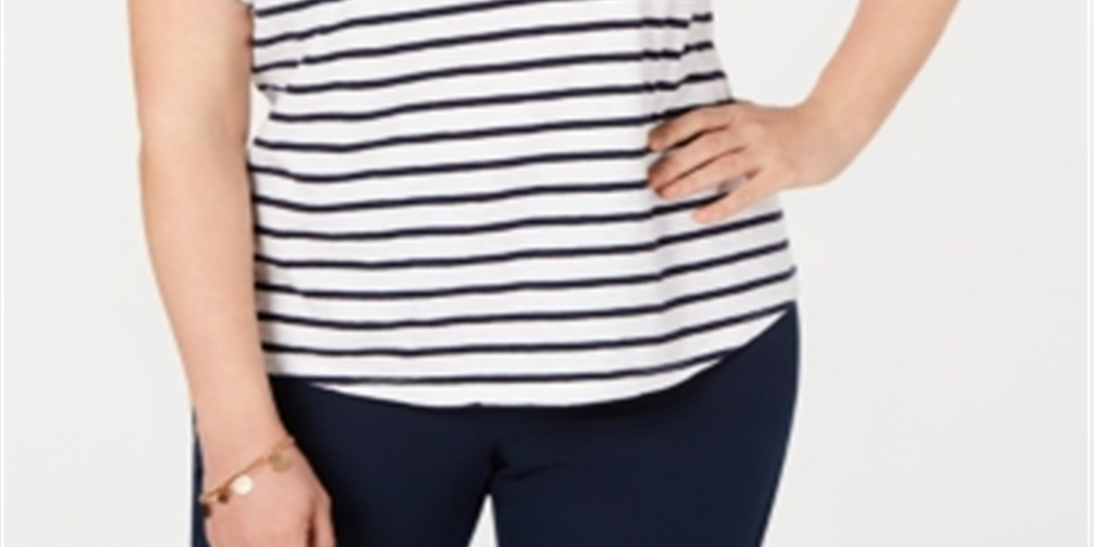 Camiseta feminina listrada bordada plus size Charter Club, branca, tamanho 2X