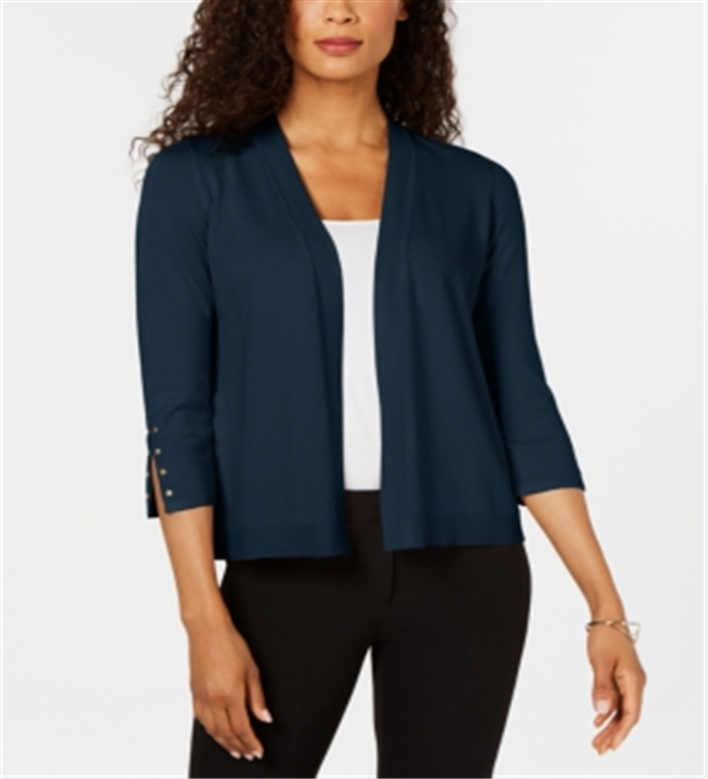 Cardigan feminino com tachas e frente aberta, tamanho XX-G, azul, da coleção JM