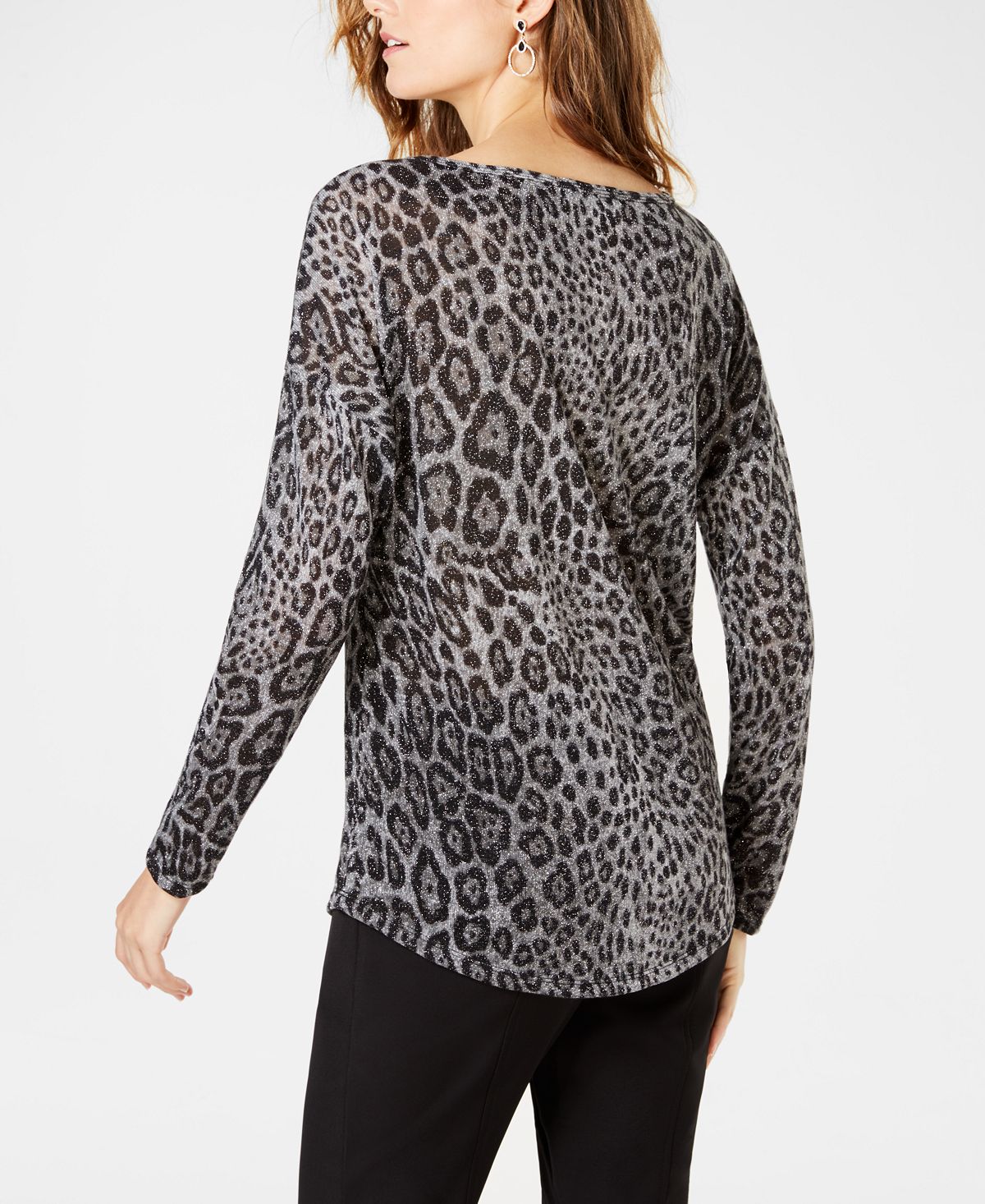 INC International Concepts Top feminino metálico Cheetah cinza tamanho P