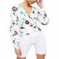 Blusa feminina floral de manga comprida com decote em V, branca, tamanho médio