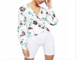 Blusa feminina floral de manga comprida com decote em V, branca, tamanho médio