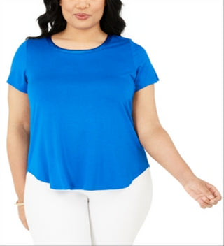 Camiseta feminina Alfani Plus com acabamento em cetim, comprimento alto e baixo, azul, tamanho 0X