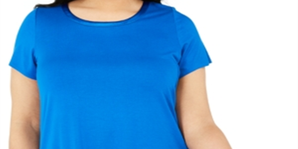 Camiseta feminina Alfani Plus com acabamento em cetim, comprimento alto e baixo, azul, tamanho 0X