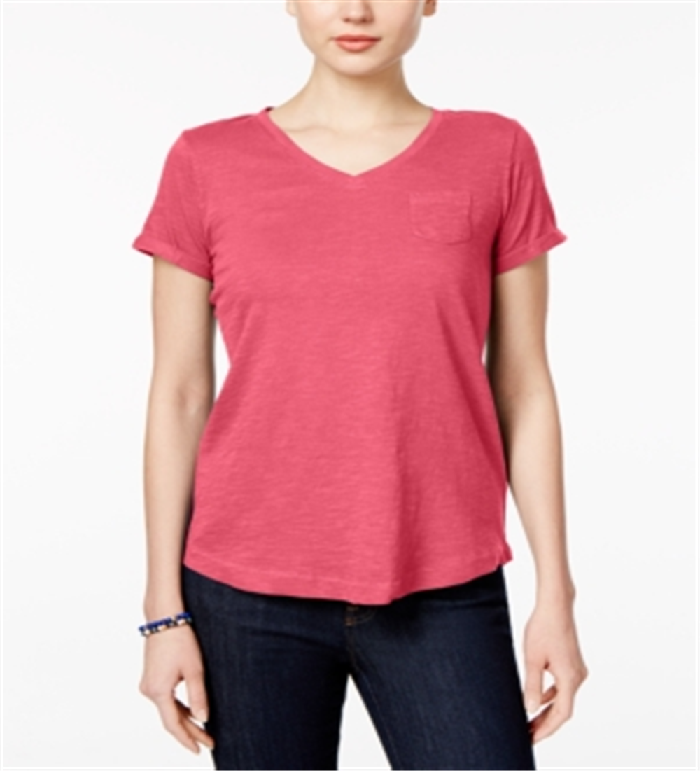 Camiseta feminina com decote em V e bolso, estilo &amp; co, rosa, tamanho pequeno médio