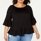 Blusa feminina com babados e manga 3/4, preta, tamanho 1X
