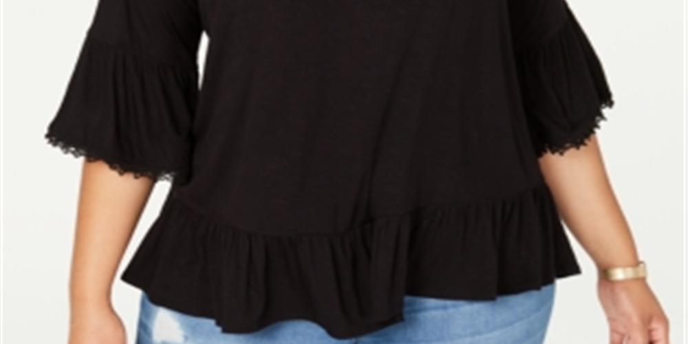 Blusa feminina com babados e manga 3/4, preta, tamanho 1X