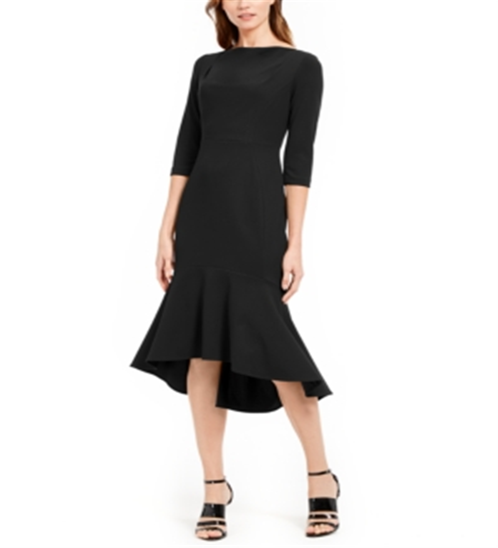 Vestido midi com babados Calvin Klein feminino, preto, tamanho 8