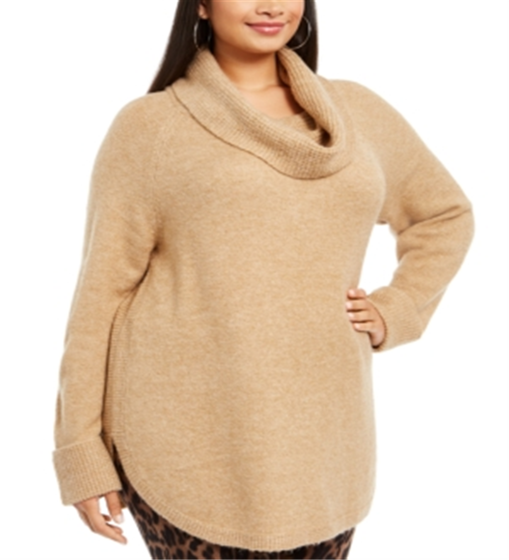 Suéter feminino de malha canelada com gola funil e acabamento canelado estilo &amp; co marrom tamanho 2X