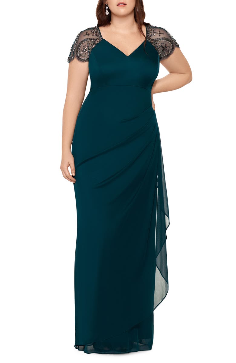 Vestido de noite feminino Xscape com bainha de malha embelezada, verde, tamanho pequeno pequeno