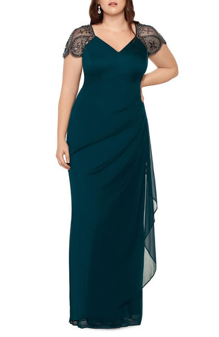 Xscape Women's Embellished Mesh Sheath Evening Gown Green Size Petite Small