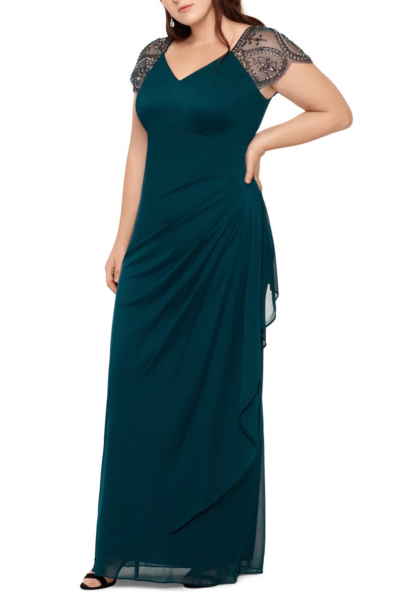 Vestido de noite feminino Xscape com bainha de malha embelezada, verde, tamanho pequeno pequeno