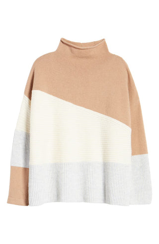 Suéter feminino com patchwork e gola funil, marrom, tamanho médio, da French Connection