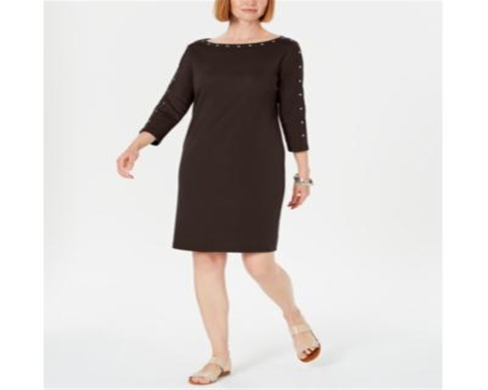 Vestido feminino Karen Scott com decote canoa e tachas, marrom, tamanho pequeno G