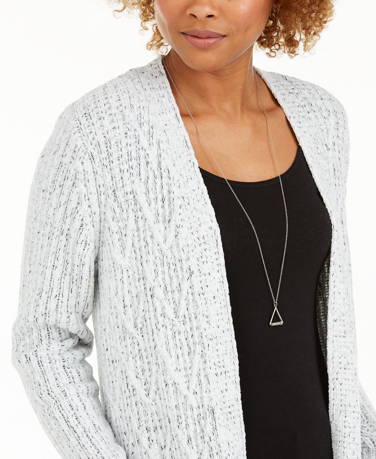 Cardigan feminino de malha chenille com frente aberta, tamanho PP, branco