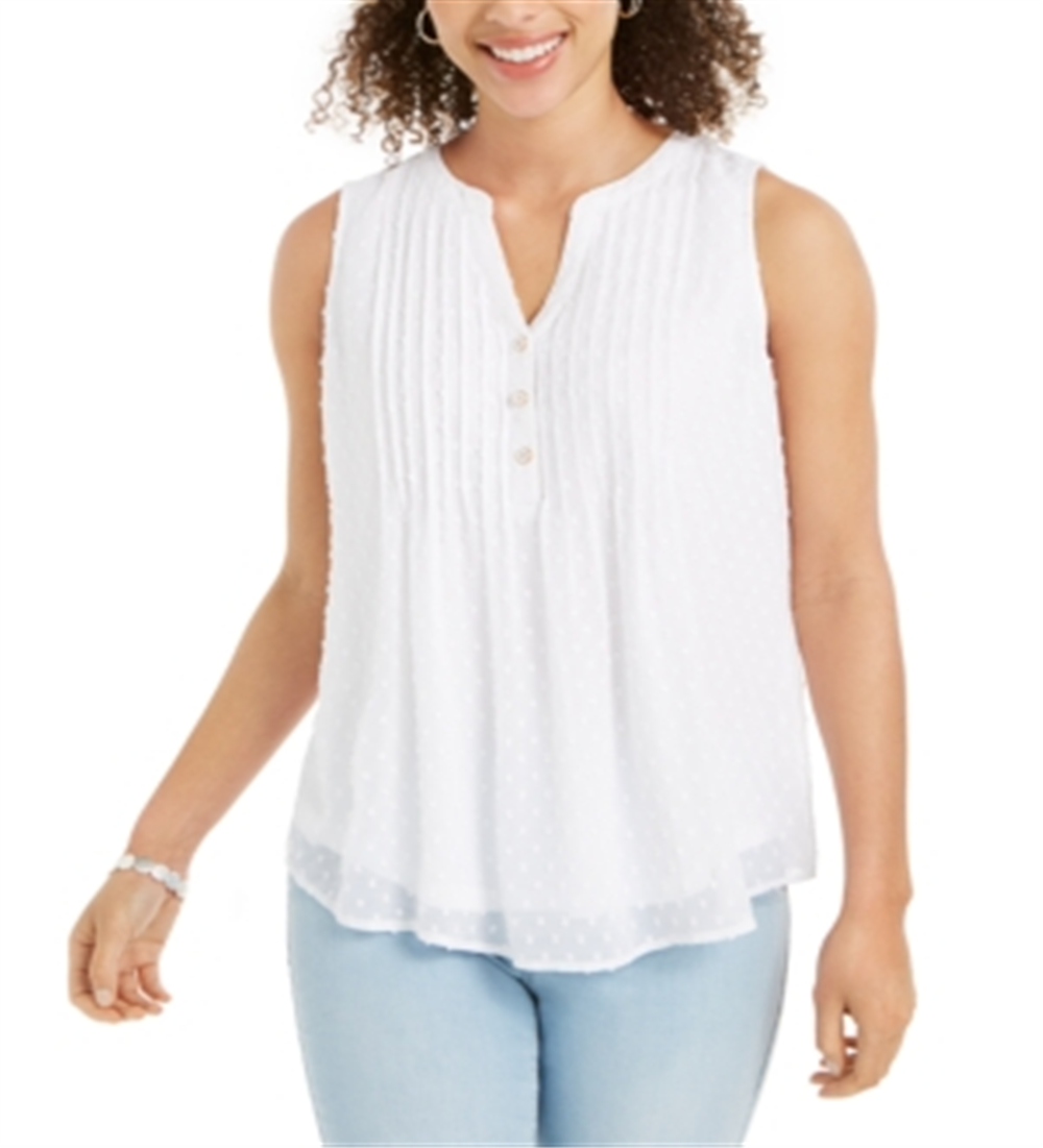 Charter Club Top plissado feminino com bolinhas, branco, tamanho médio