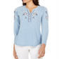 Blusa feminina de algodão bordado com decote dividido, azul, tamanho pequeno P