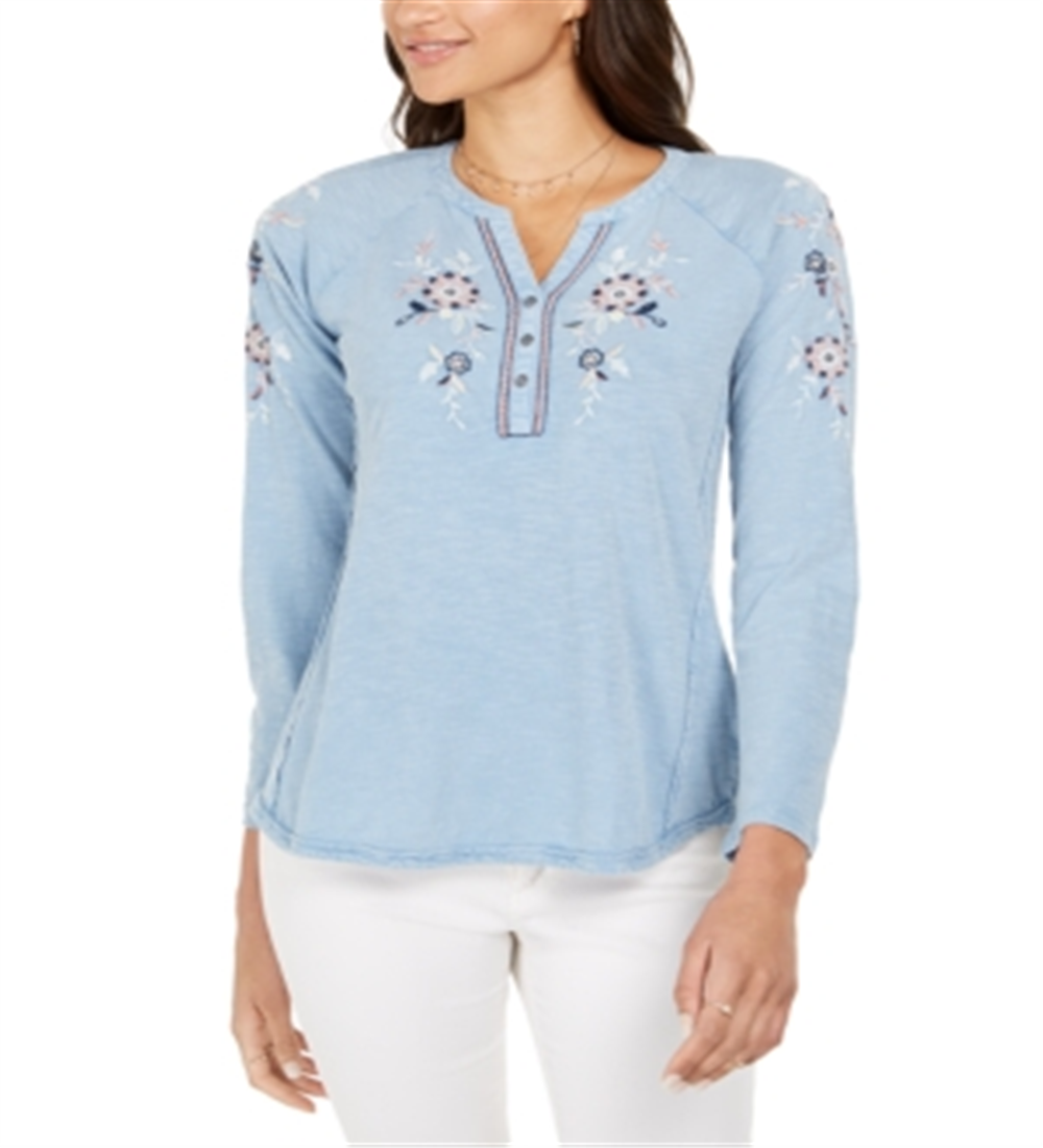 Blusa feminina de algodão bordado com decote dividido, azul, tamanho pequeno P