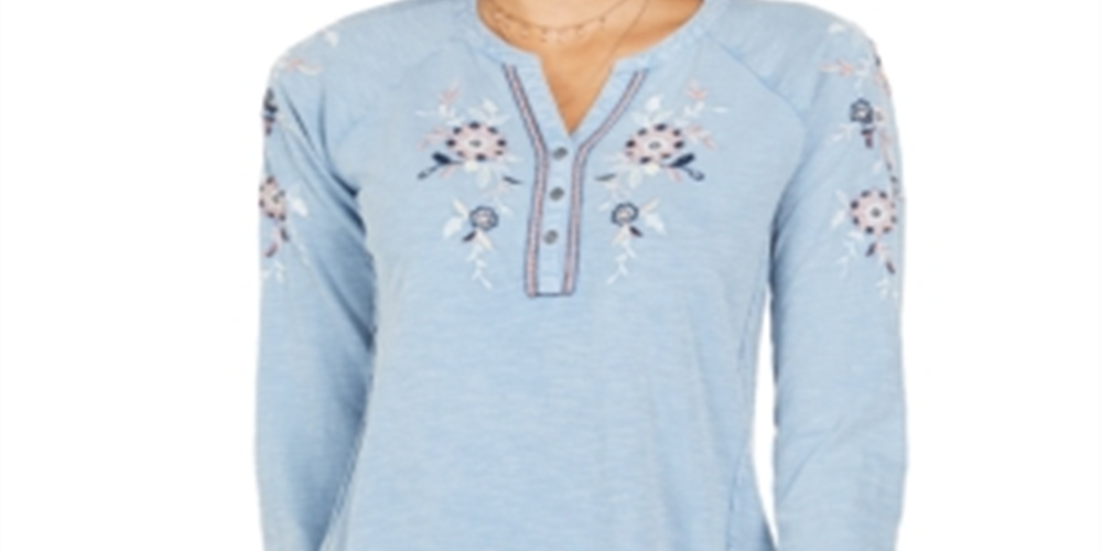 Blusa feminina de algodão bordado com decote dividido, azul, tamanho pequeno P