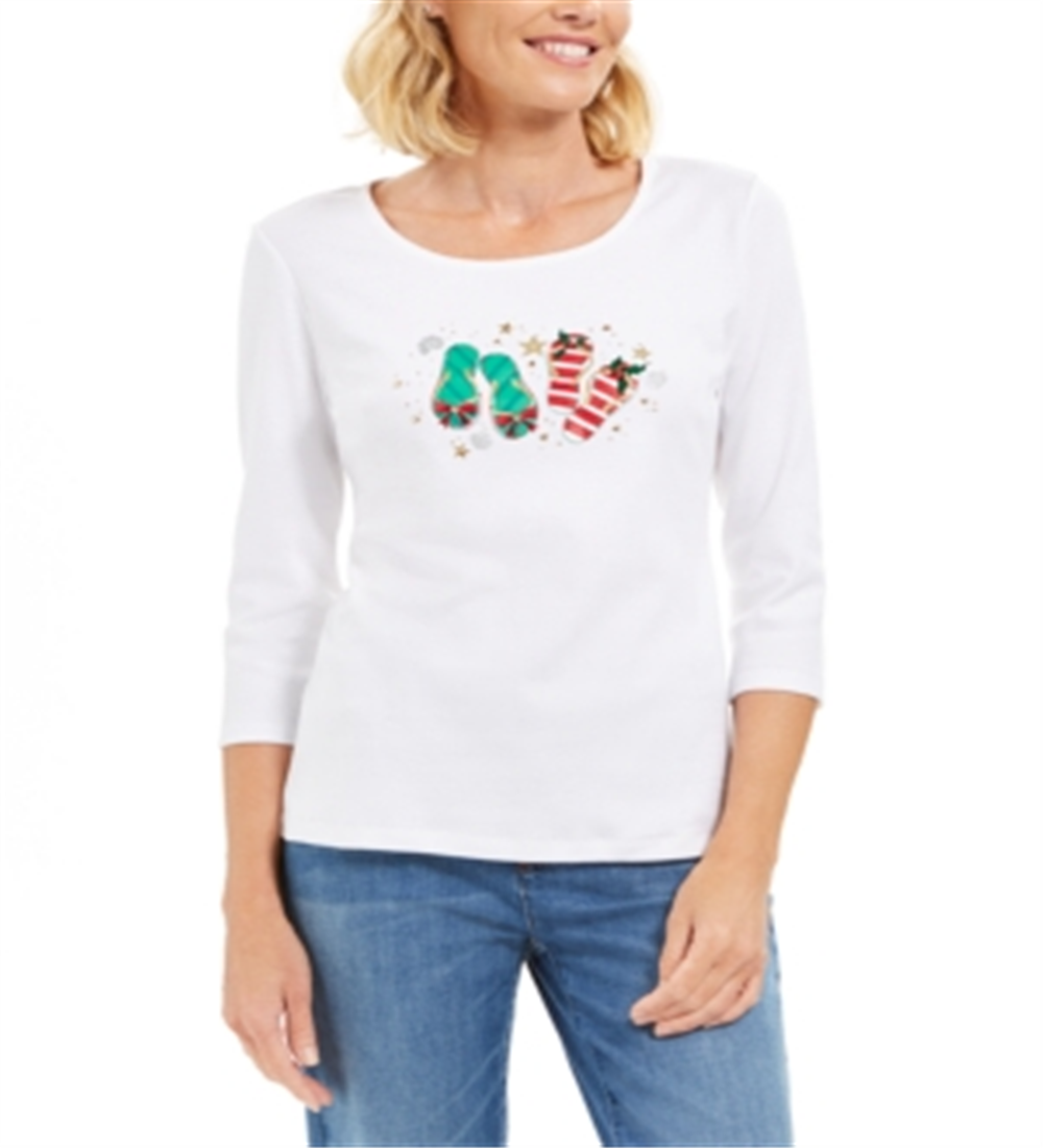Karen Scott Blusa feminina de algodão com manga 3/4 e decote redondo para festas, branca, tamanho extrapequeno