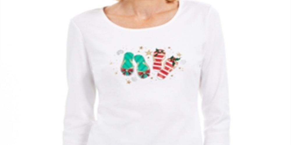 Karen Scott Blusa feminina de algodão com manga 3/4 e decote redondo para festas, branca, tamanho extrapequeno