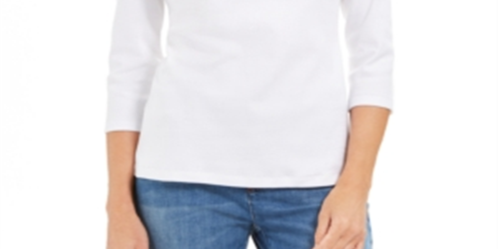 Karen Scott Blusa feminina de algodão com manga 3/4 e decote redondo para festas, branca, tamanho extrapequeno