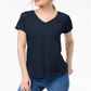 Camiseta feminina com decote em V e bolso, estilo &amp; co, azul, tamanho PP