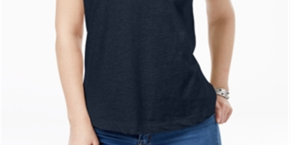 Camiseta feminina com decote em V e bolso, estilo &amp; co, azul, tamanho PP