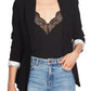 1.STATE Blazer feminino de crepe elástico com um botão, preto