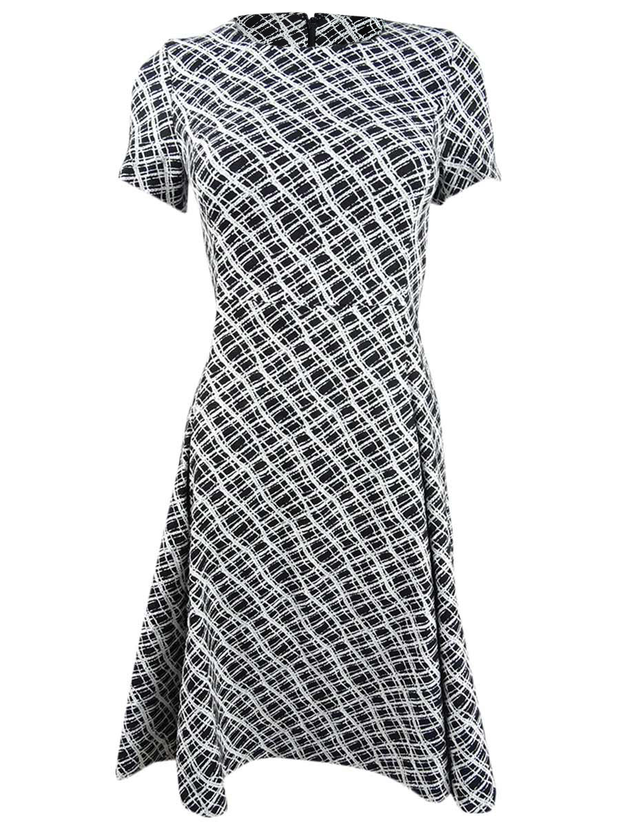 Vestido feminino DKNY Wavey Plaid manga curta ajuste flare preto tamanho 14