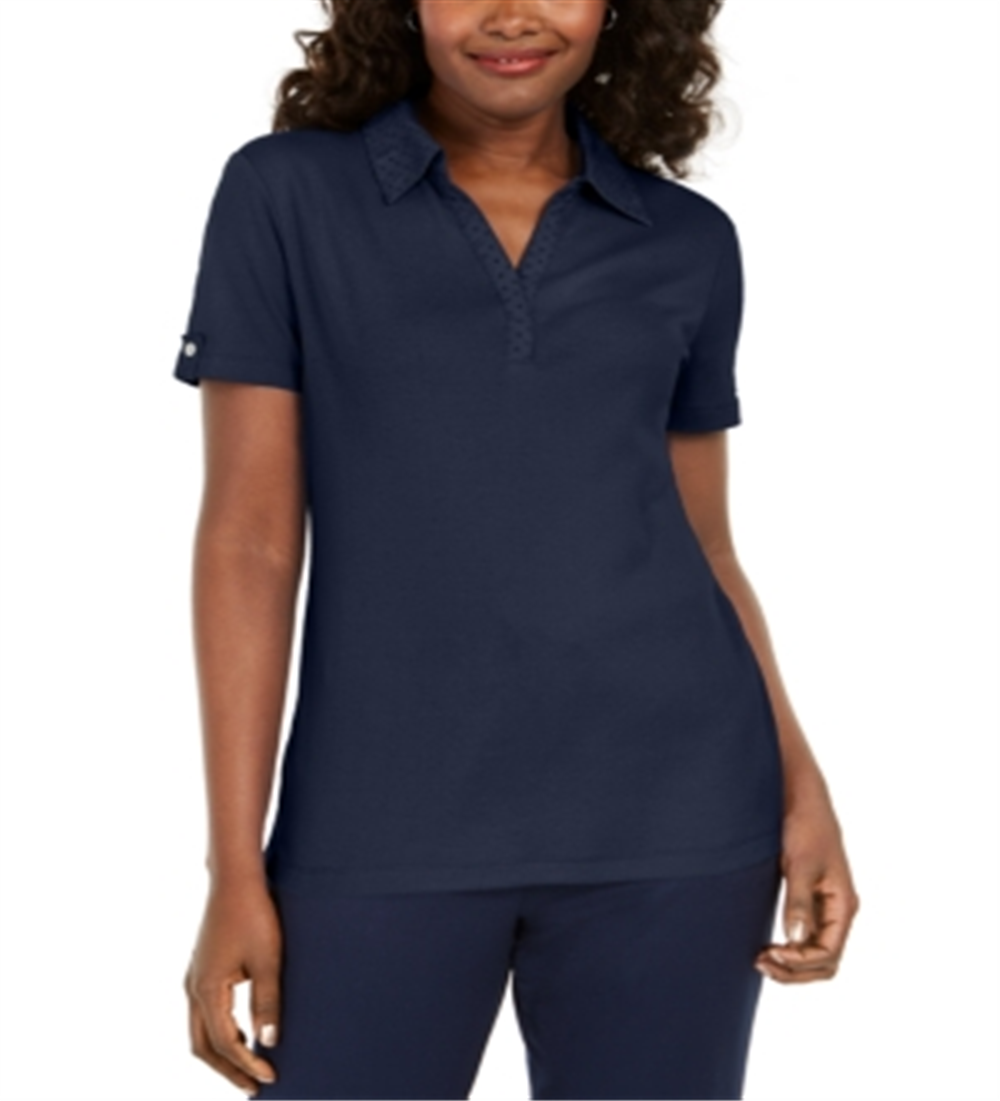 Karen Scott Blusa Feminina de Algodão com Gola com Ilhós Azul Tamanho Grande