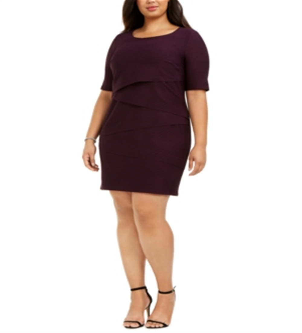 Vestido tubinho acima do joelho com decote em joia e manga curta canelada Connected feminino, tamanho 18W, roxo