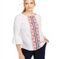 Blusa feminina Charter Club bordada com manga sino, em mistura de linho, branca, tamanho pequeno