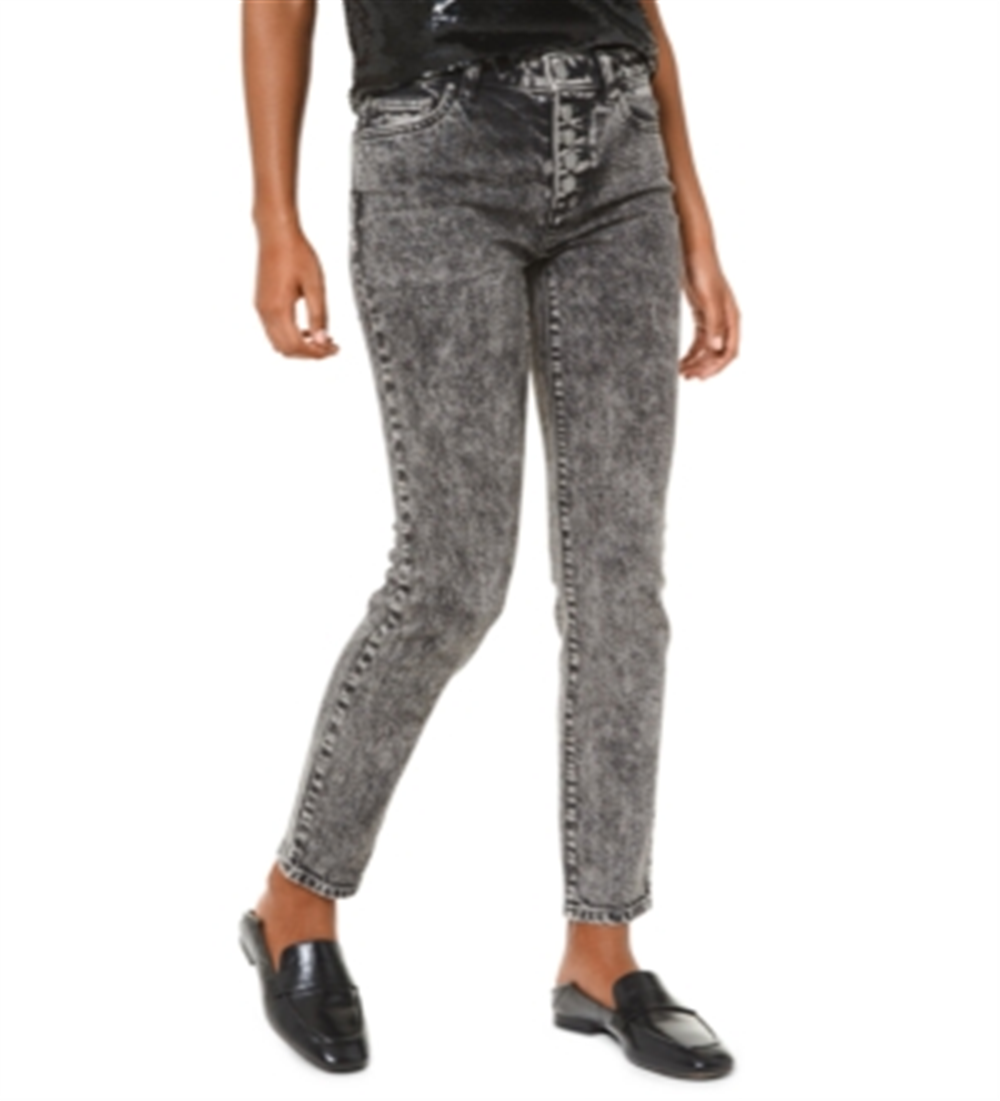 Calça jeans skinny Michael Kors feminina de cintura alta com lavagem ácida, preta, tamanho 14