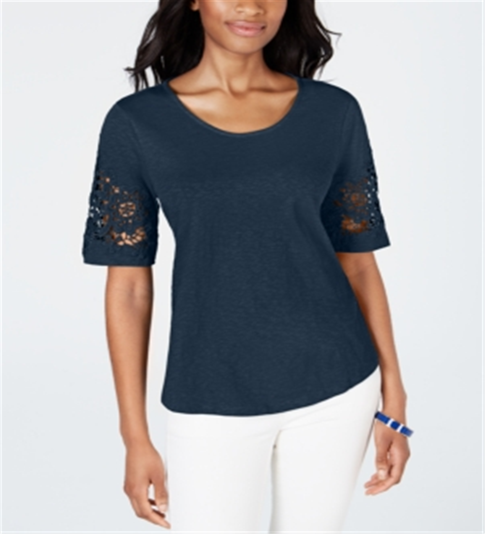 Charter Club Feminino Algodão Renda TrimTop Azul Tamanho P