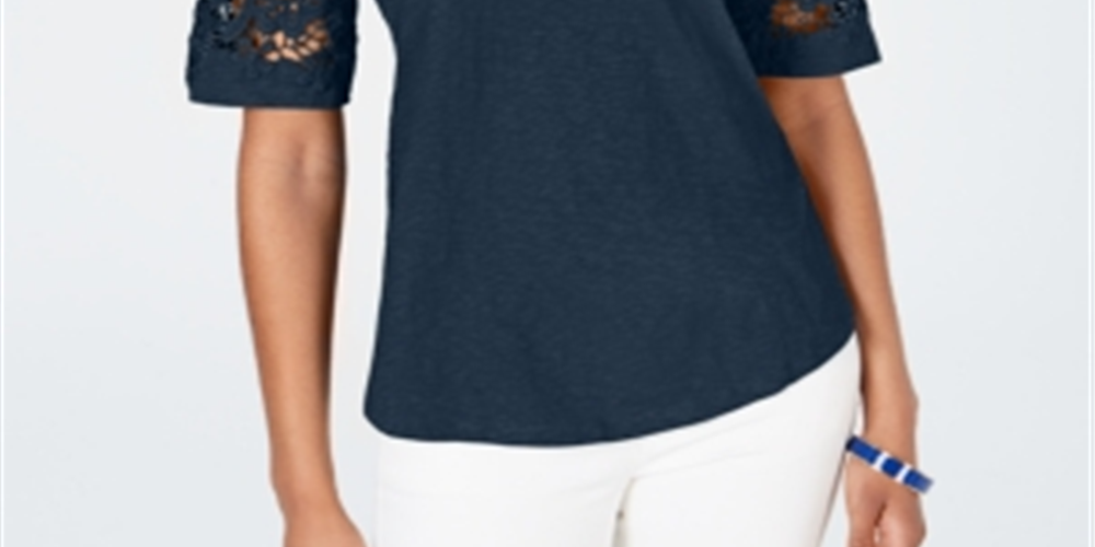 Charter Club Feminino Algodão Renda TrimTop Azul Tamanho P